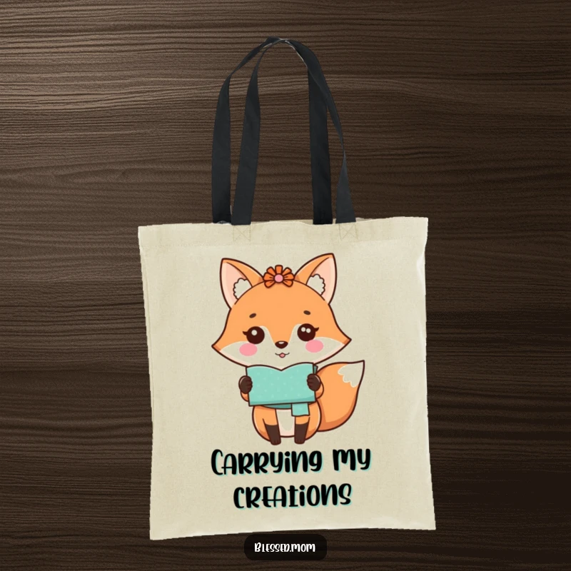 Funny kawaii fox mom proudly displaying a handmade craft on a reusable tote bag, a charming gift.