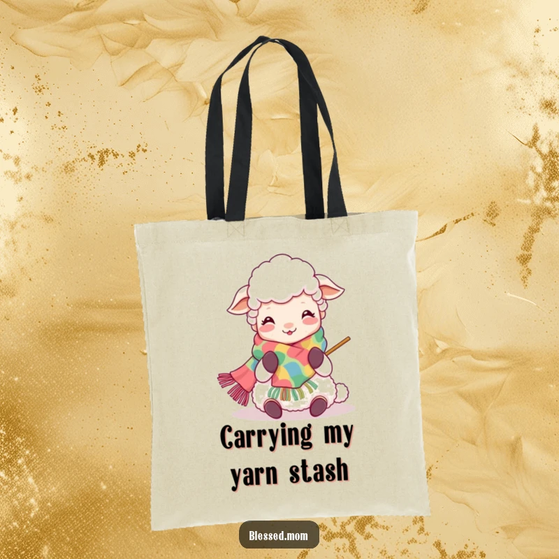 Funny Kawaii Sheep Mom Tote Bag: Adorable sheep mom knitting happily, perfect for carrying craft supplies with a smile.