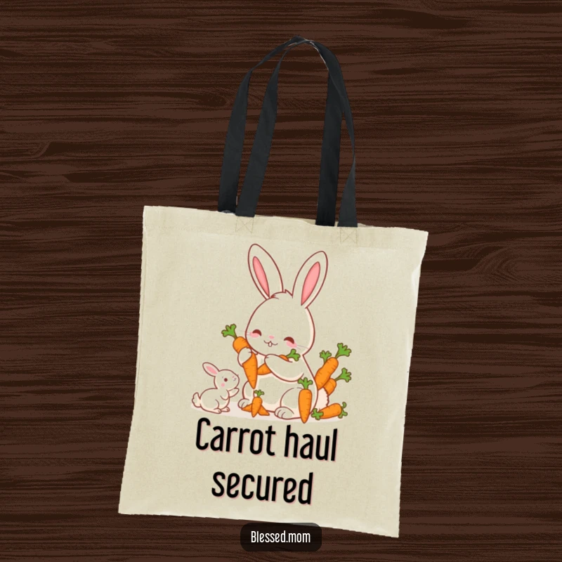 Funny Mama Rabbit Carrots Tote Bag, a kawaii mother rabbit offering a bunch of carrots to her offspring, durable and cute, great funny gift.