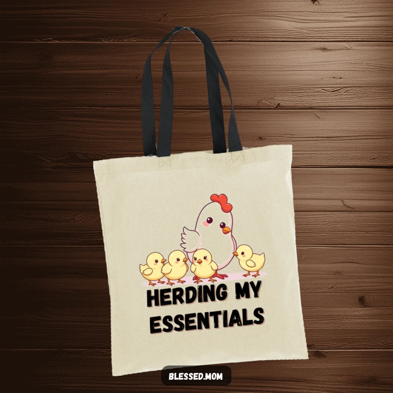 Funny Mother Hen Nudge Tote Bag, a kawaii mother hen gently nudging her chicks forward, durable and cute, great funny gift.