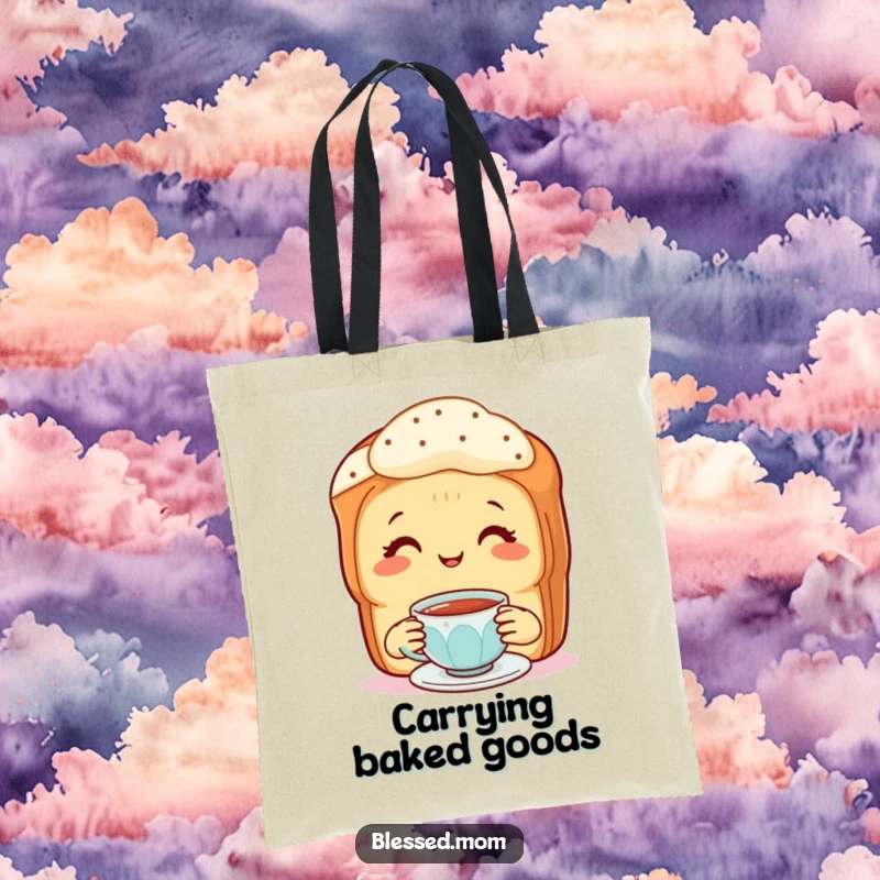 Funny Tote Bag: Smiling mother scone offering tea, perfect for carrying goodies.