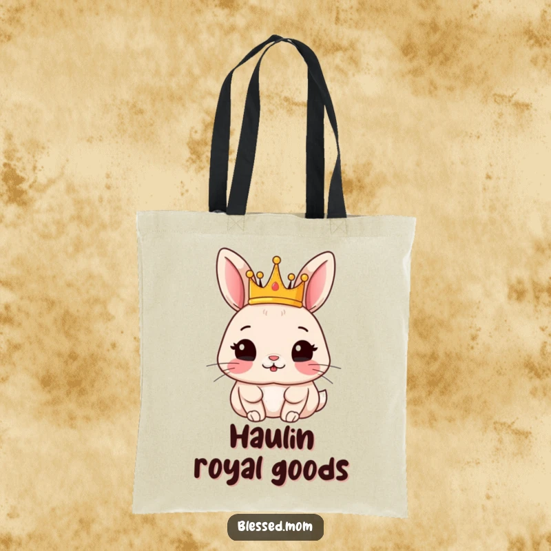 Funny rabbit tote bag with a content rabbit wearing a crown, perfect for carrying essentials in regal style.