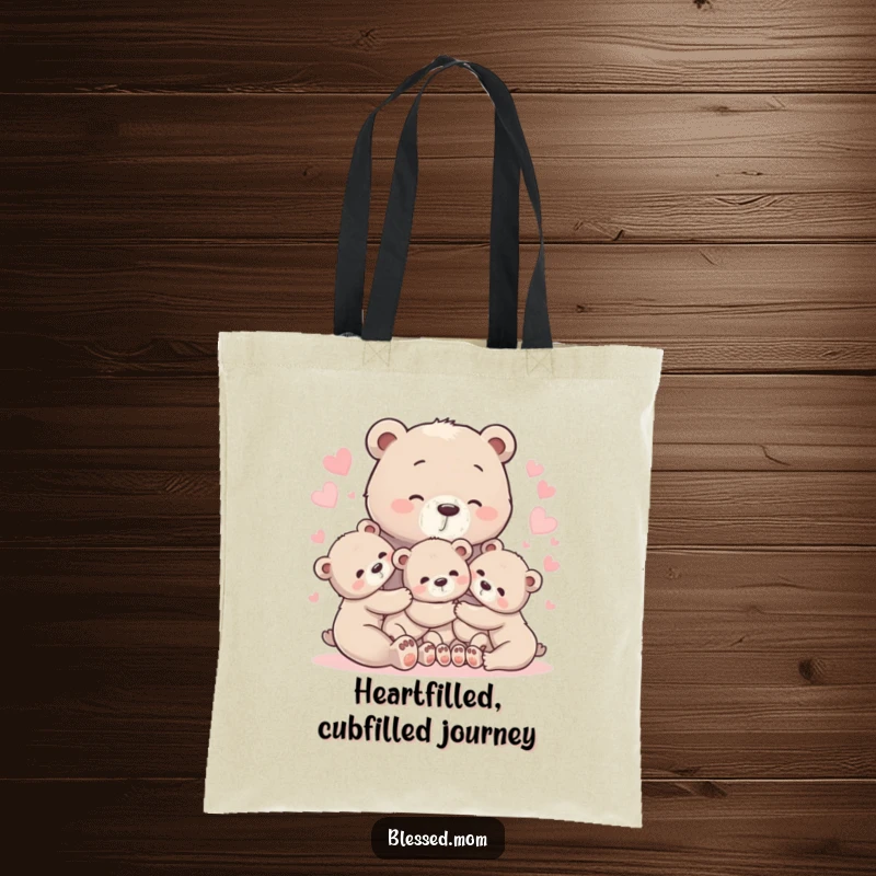 Loving bear mom tote bag with cubs in a heart-filled embrace, a symbol of maternal care and affection.