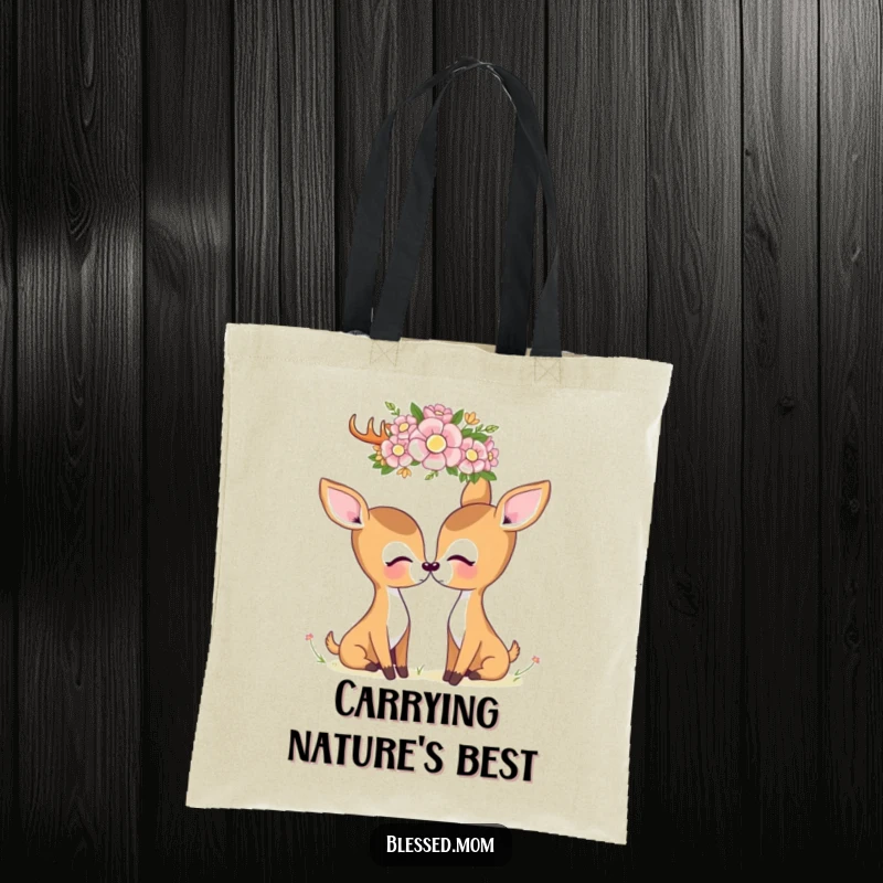 A kawaii deer mom with a flower crown nearby, captured on a tote bag, embodying gentle nature and maternal affection.