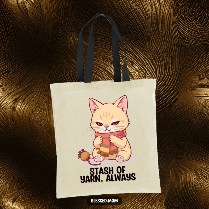 Funny cat knitting a scarf tote bag, showcasing a determined cat's focus on crafting colorful yarn projects.